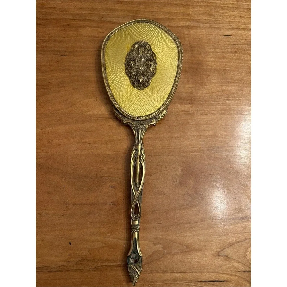 Antique Victorian Gilt Brass Vanity Set Mirror & Brush Matching Guilloché c.1900